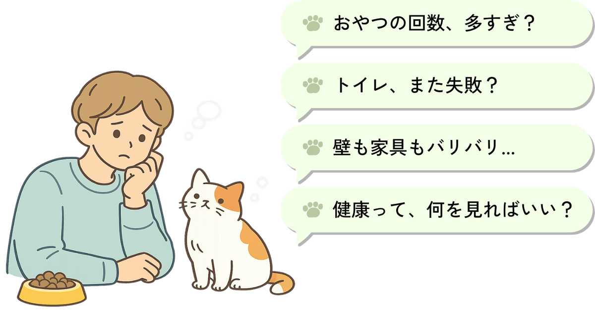 夜、猫のことが気になる飼い主のイラスト